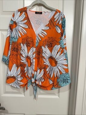 Sussan Orange Floral Tie-Front V-Neck Blouse